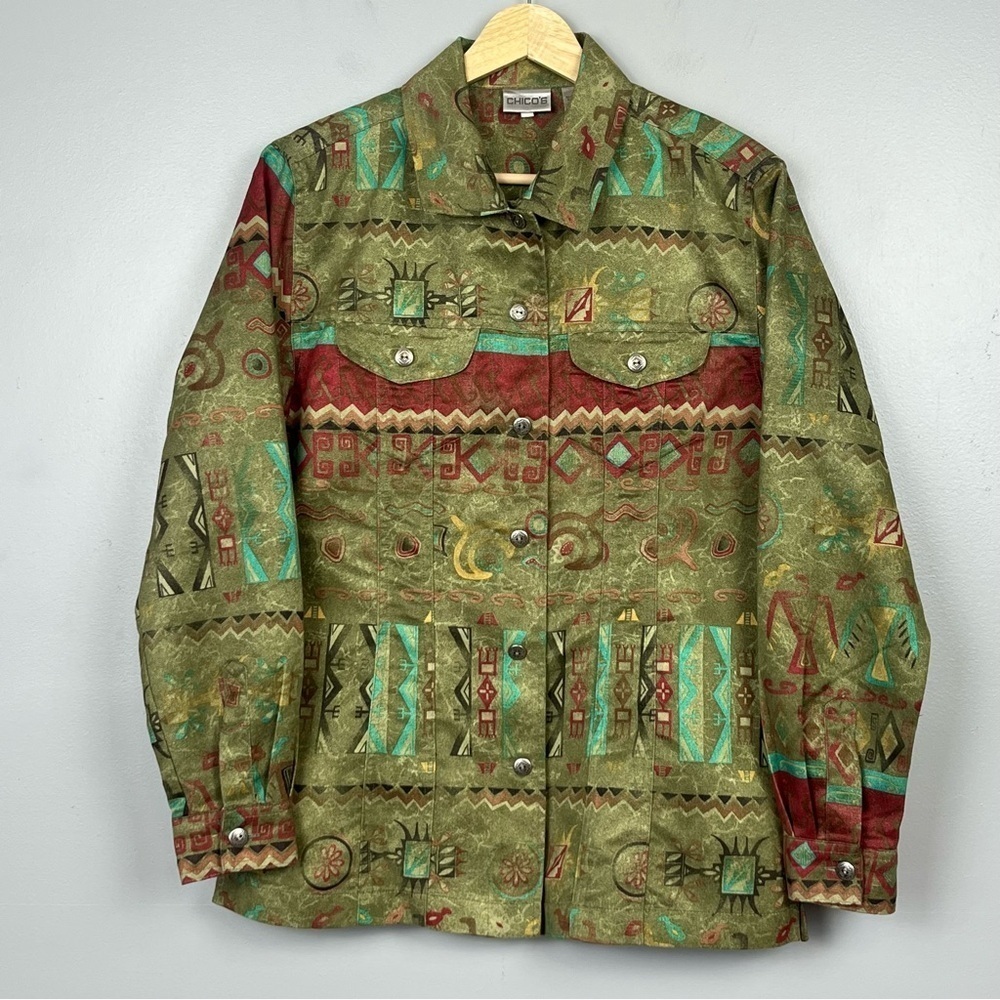 Chico’s green Aztec southwestern faux suede button lightweight jacket, Medium.